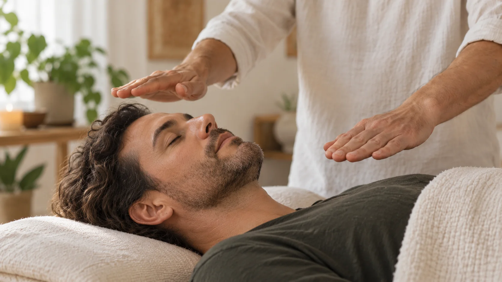 Reiki Behandlung: Hände über einem Mann, der mit geschlossenen Augen ruht